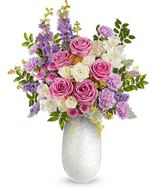 Prism Petals Bouquet - Keepsake Vase with roses, spray roses, alstroemeria, carnation, larkspur, mums in lavender, purple &amp; white