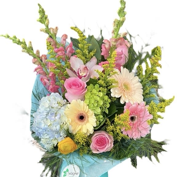 Spring Wrapped Bouquet - Wrapped bouquet includes gerbera daisies. green hydrangea, blue hydrangea, pink rose, yellow ranunculus, pink snapdragon and cymbidium orchid.  NO VASE IS INCLUDED