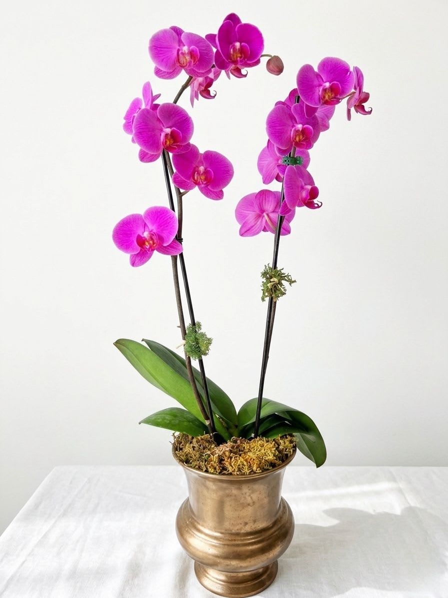Bronze Elegance-dual purple orchid - 2 purple orchids with lush green leaves are planted in a classic bronze pot