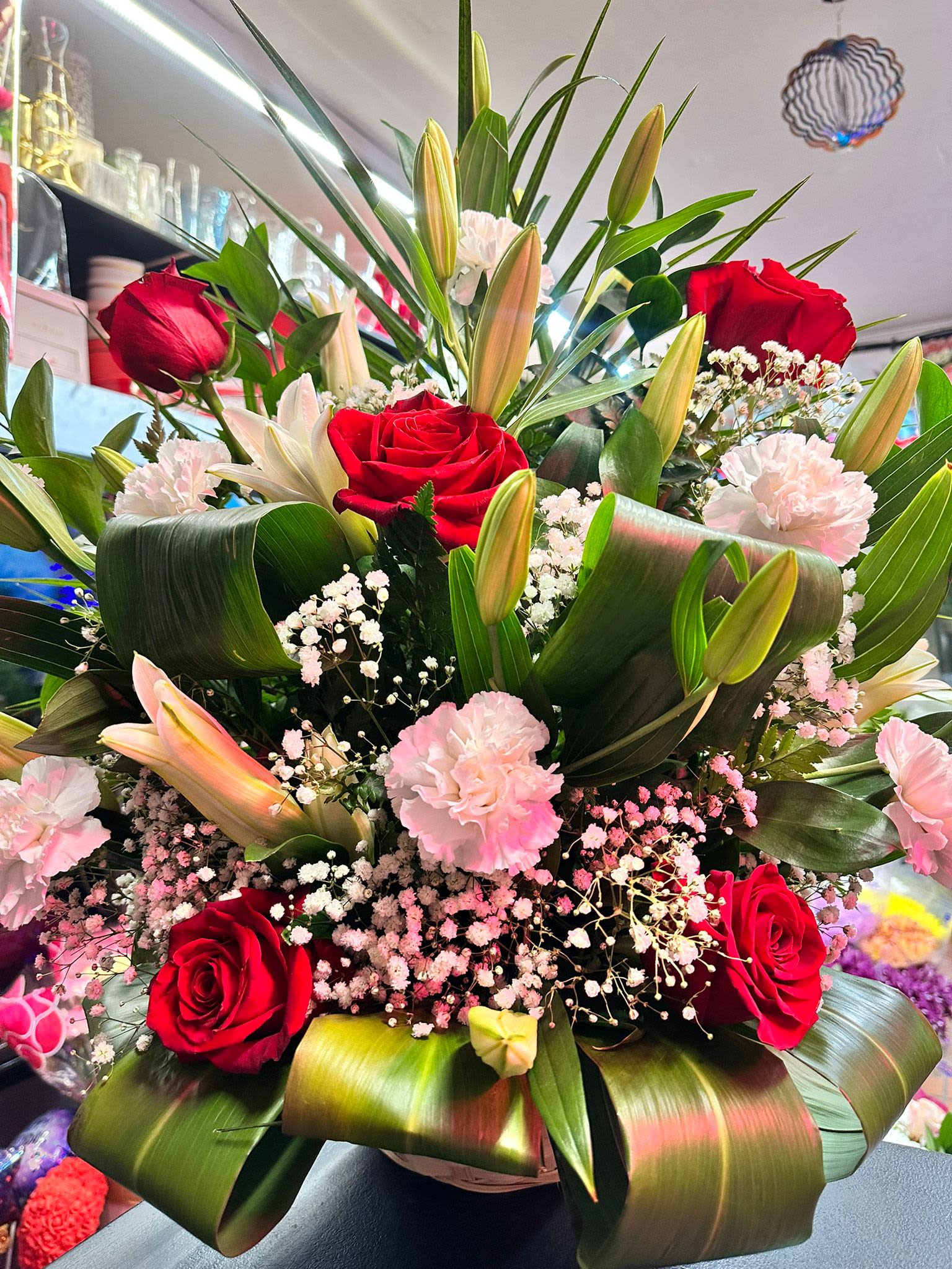 Roses &amp; Lily Basket Arrangement  - .