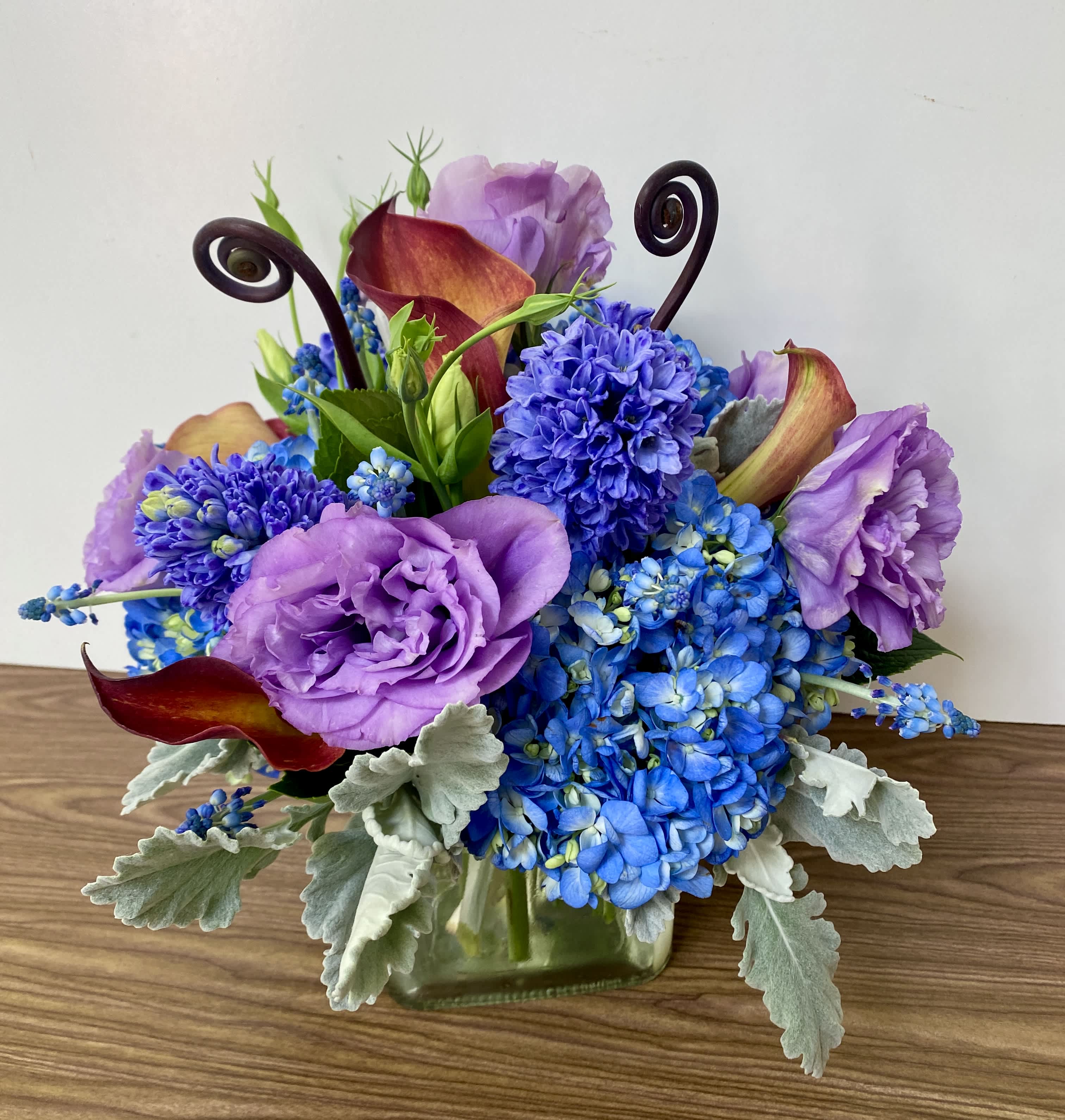 Forever My boy - Dark blue hydrangeas lavender lisiantus, pink roses, red ranunculus