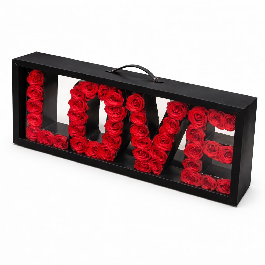Black box sign spelling LOVE with red roses