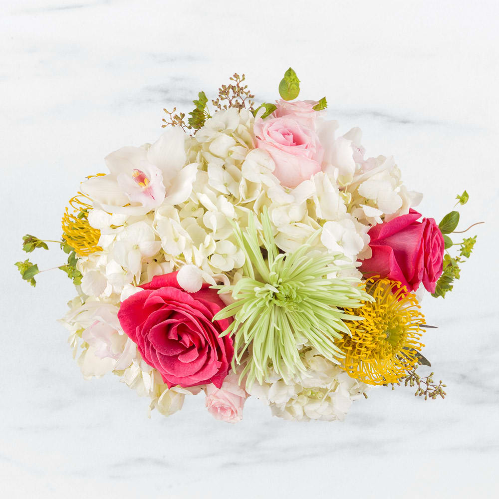 Soft Tropicals by BloomNation™ - This arrangement includes cymbidium orchids, protea, hydrangea, roses, and other seasonal blooms. This is perfect for a Birthday, Mother's Day, Thank You, or Just Because. APPROXIMATE DIMENSIONS: 12" D x 10.5" H