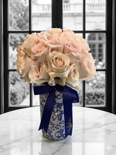 Velour Bloom - A tightly gathered dome of premium roses in layered tones of blush, ivory, and champagne, designed to feel both timeless and quietly luxurious. Each bloom opens into the next, creating seamless, cloud-like texture that feels soft, romantic, and elevated. 