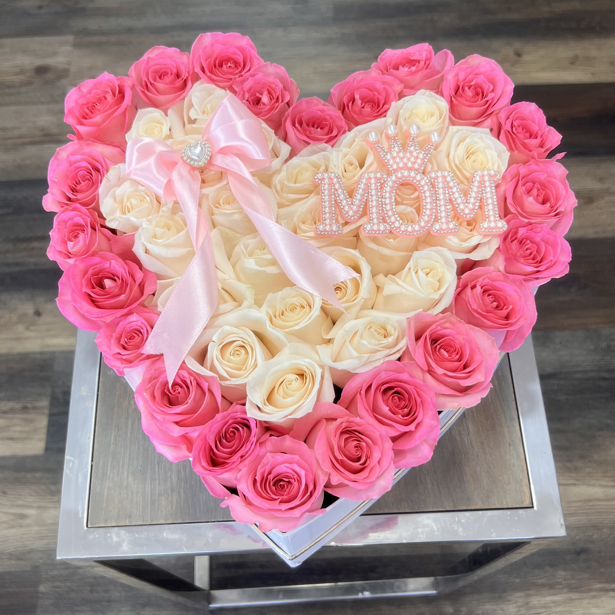 The Most Beautiful - Large Heart With Pink And White Roses  -  A luxurious heart-shaped box featuring Pink And White roses, crafted to celebrate Mom with elegance, love, and unforgettable beauty