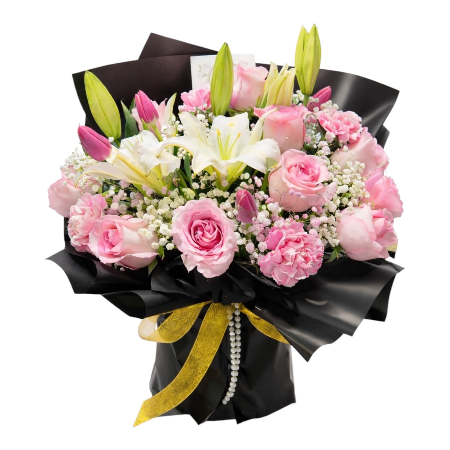  Lily &amp; Rose Bouquet in Black Wrap - Soft pink roses and carnations mingle with creamy white lilies in this Lily &amp; Rose bouquet wrapped in glossy black paper - a romantic birthday bouquet or anniversary arrangement that reads both celebratory and refined. Bright yellow-green lily buds lift above the rounded cluster to create elegant height and a fresh contrast, so the person you're thinking of will feel noticed and cherished the moment they see it.  The mix includes fragrant white lilies, soft pink roses, matching pink carnations, and delicate filler blooms for fullness and texture. Finished in sleek black wrapping paper, the bouquet is tied with a gold ribbon and a pearl strand for a polished, gift-ready presentation that pairs well with dressy occasions like Valentine's Day or milestone celebrations.  Perfect for marking anniversaries, birthdays, or simply saying "I'm thinking of you," this arrangement arrives ready to display - no extra packaging needed. For best longevity, place in fresh water and trim stems at an angle every few days to keep the lilies and roses looking their best.