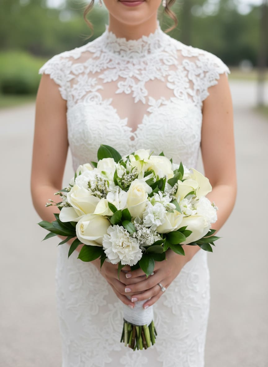 Timeless Bridal Elegance - A timeless expression of love and elegance, this classic bridal bouquet is designed in soft ivory tones to complement any wedding style. Featuring a graceful blend of roses, calla lilies, and delicate accent blooms, it creates a beautifully balanced look that is both romantic and refined.  Lush greenery adds depth and texture, while the hand-tied stems are wrapped in an elegant finish for a polished presentation. This bouquet embodies purity, sophistication, and everlasting love—perfect for your walk down the aisle.  Designed with care and attention to detail, it is a stunning finishing touch for a bride who appreciates classic beauty and timeless style. For customization please call the shop.