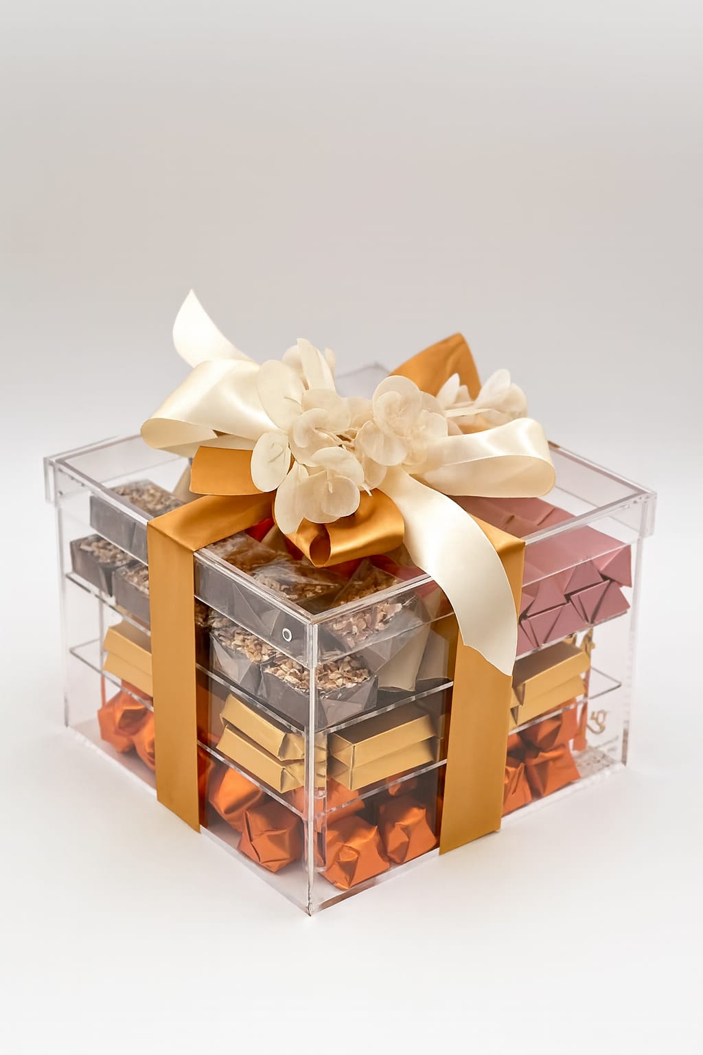 Clear gift box filled with assorted chocolates and topped with a cream ribbon bow