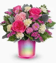 Magical Muse by Teleflora - hot pink irred. vase filled with hot pinks, cremes and mauves makes any mother happy