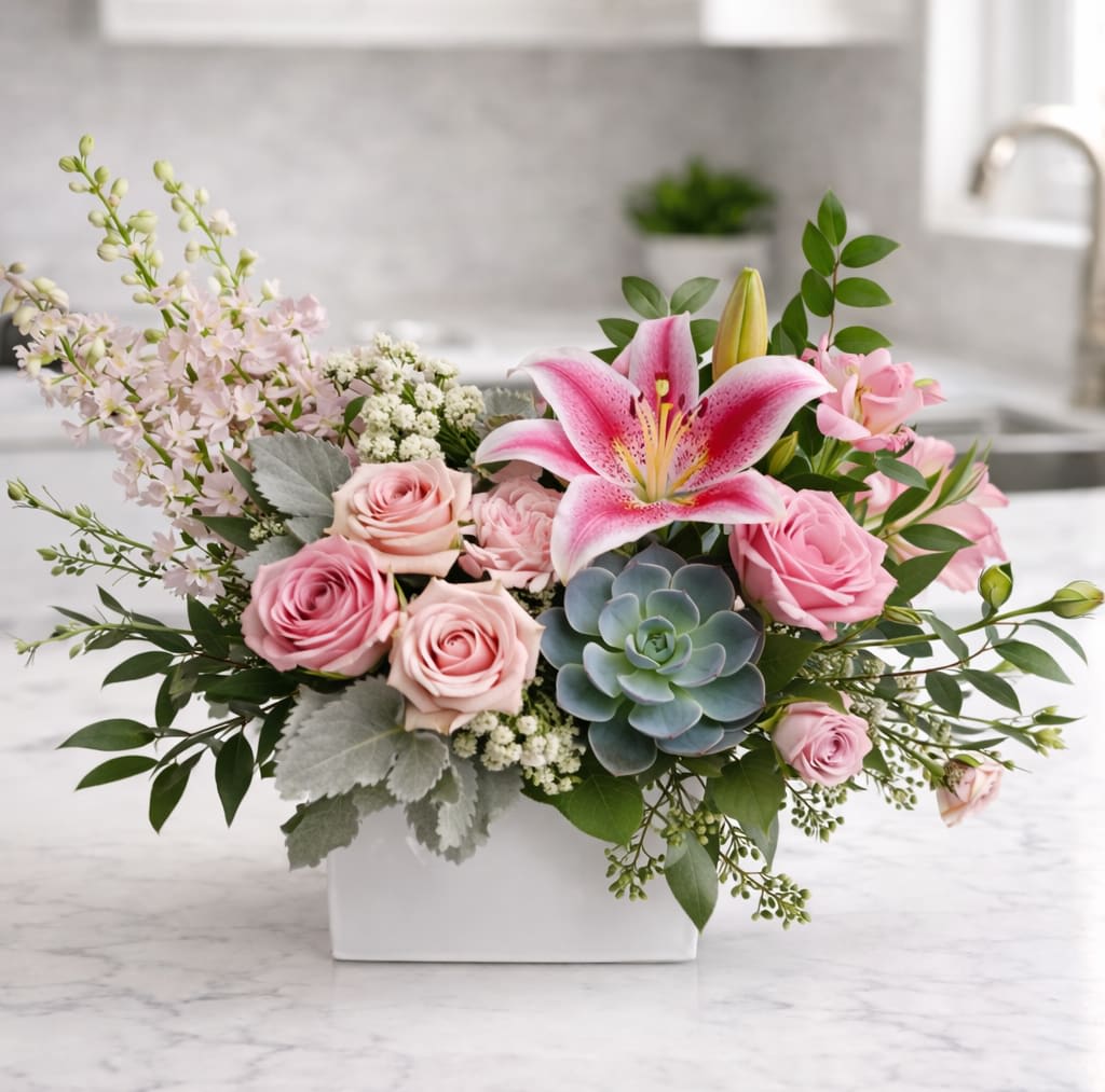 Pink roses and a lily arranged in a white rectangular vase