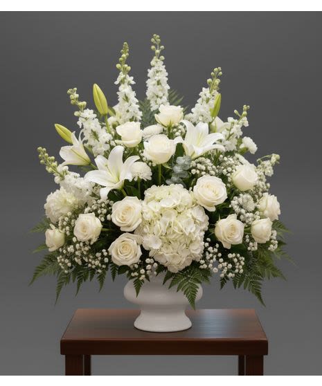 Serene Sympathy - A cloud of all-white blooms creates a calm, reverent presence-perfect as a sympathy arrangement or for a formal memorial setting. This white flower arrangement features roses, lilies, hydrangeas and tall stock spikes to form a composed, elegant silhouette that reads as both respectful and comforting for the person you're honoring.  The design is full and symmetrical, with a rounded lower body anchored by a central mass of white hydrangea and dense clusters of white roses, while upright lilies and stock add height and graceful vertical lines. Displayed in a classic white pedestal vase and photographed on a wooden table, the neutral green foliage provides subtle contrast so the textures-velvet rose petals, billowy hydrangea, and stately lilies-take center stage.  Made to convey sympathy or to mark a solemn celebration, this arrangement brings a quiet, refined statement to services, home memorials, or a bedside tribute so your recipient will feel seen and comforted. Arrange for delivery to funeral homes or private addresses; gentle care-fresh water and a cool spot away from direct sun-will keep the blooms looking dignified through the days ahead.