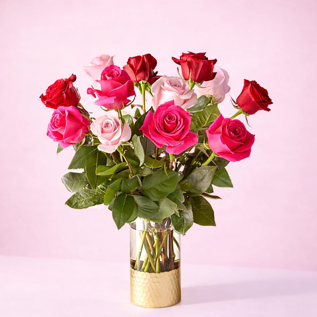 Blush &amp; Gold Bouquet - English: Premium long-stem rose arrangement in fuchsia, pink, and red tones, presented in an elegant glass vase with a gold-finished base. Color combination may vary based on availability.  Español: Arreglo de rosas premium de tallo largo en tonos fucsia, rosado y rojo, presentado en un elegante florero de vidrio con base de acabado dorado. La combinación de colores puede variar según disponibilidad. 