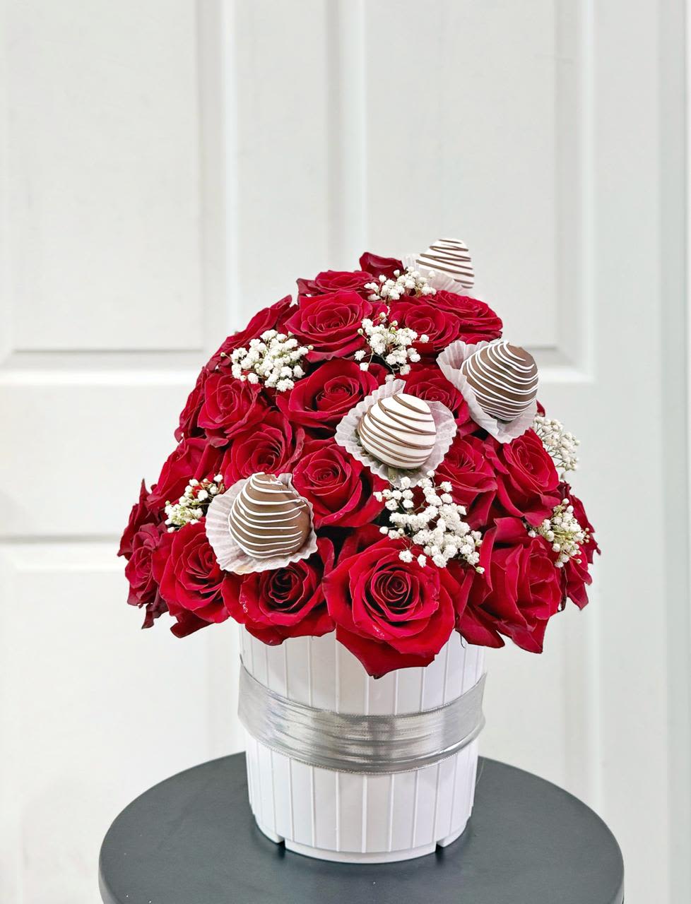 Roses &amp; Berries - An elegant and romantic gift featuring approximately 30 to 36 stunning red roses, beautifully arranged with delicate baby’s breath and 6 decadent chocolate-covered strawberries. Perfect to celebrate love in the sweetest way.