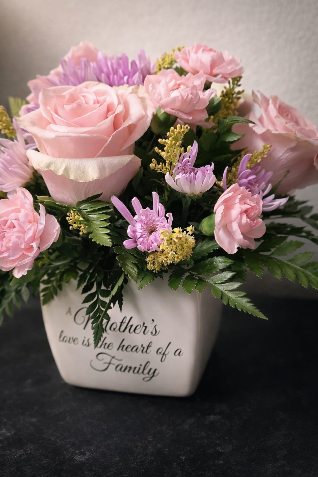 Mother's love garden  - A soft and elegant arrangement featuring blush pink roses, carnations, and lavender mums accented with delicate yellow fillers and lush greenery. Designed in a sentimental keepsake vase, this piece is perfect for Mother’s Day, birthdays, or heartfelt gifts.