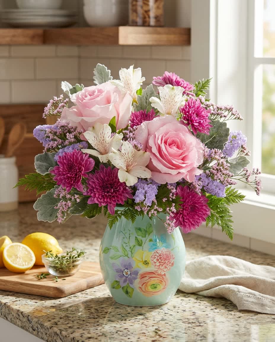 Pink roses and purple flowers arranged in a painted vase