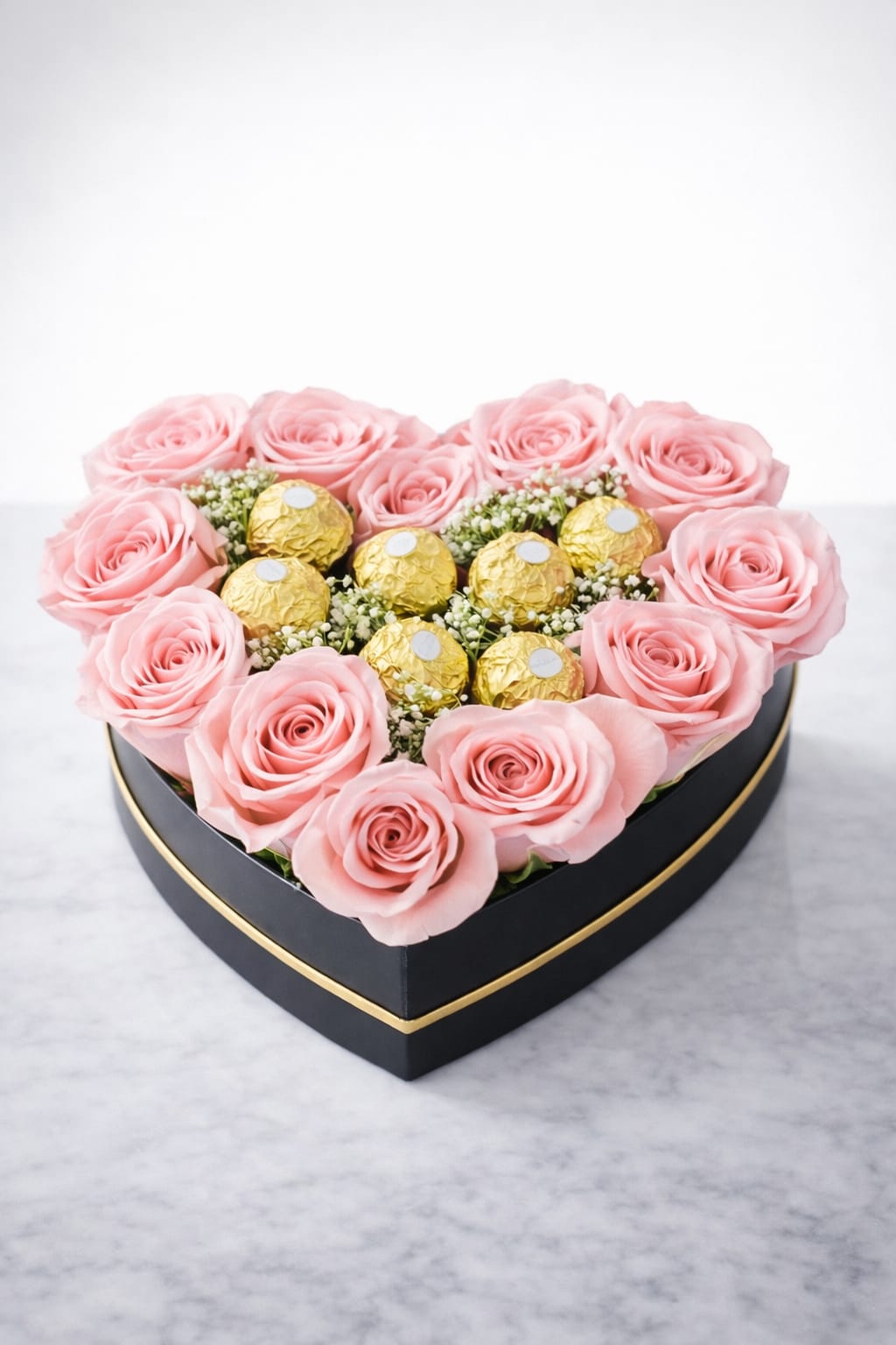 Rose box pink - A stunning heart-shaped arrangement featuring premium pink roses paired with Ferrero Rocher chocolates and delicate baby’s breath, elegantly presented in a black and gold box. Perfect for romantic occasions, anniversaries, or luxury gifting.
