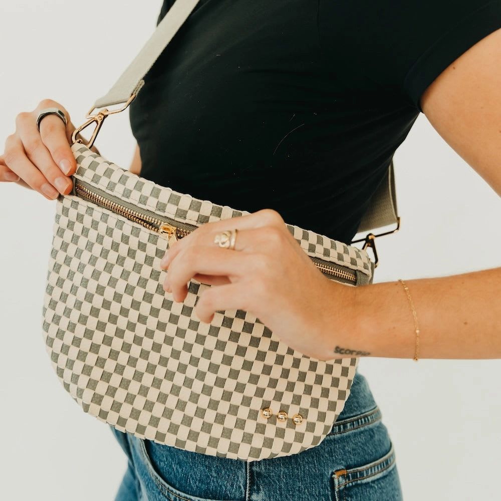 Grey Leather Bum Bag - Meet the Westlyn Woven Bum Bag! Gorgeous woven vegan leather! Beautiful hardware with a zipper closure with beige and black chevron interior, and a zippered slash pocket on the inside. This crossbody bag is the perfect accessory to elevate any outfit! Available in 25 colors perfect for your everyday, date night, game day, travel and more!   Measurements: 12"L x 8"H x 24"-46" strap
