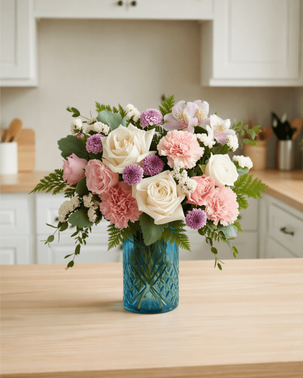 Pink and white flower arrangement in a blue glass vase
