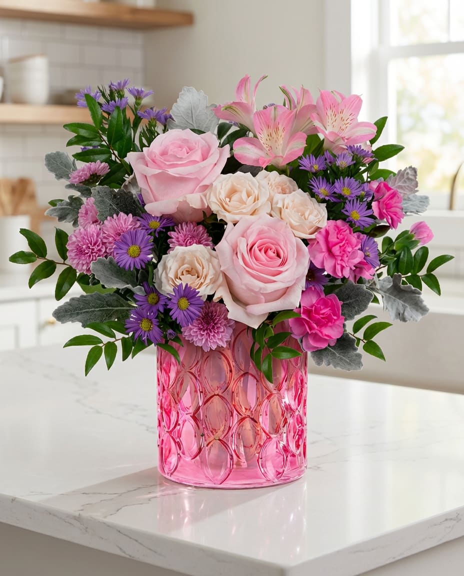 Pink and purple mixed bouquet in a pink glass vase