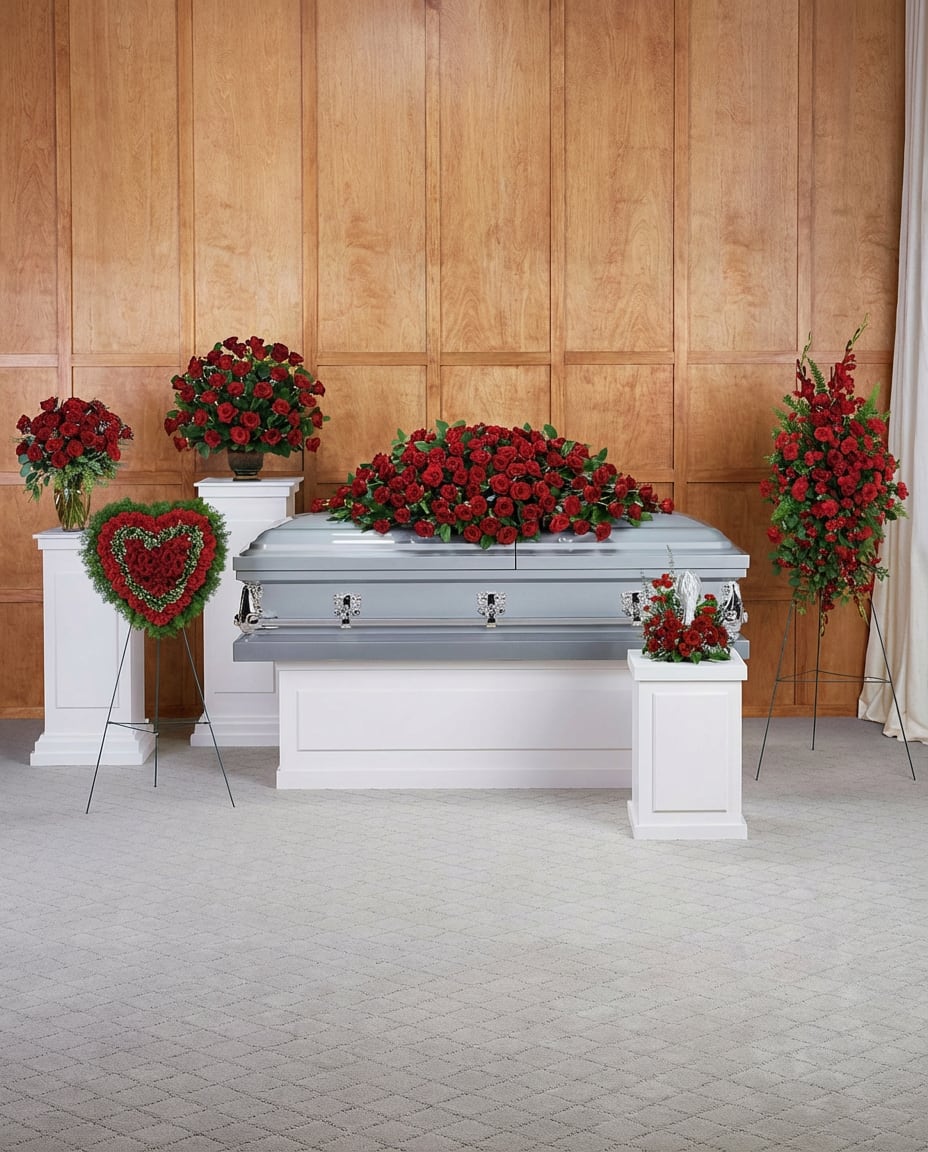 Eternal Love Tribute Collection - A powerful and timeless expression of love, the Eternal Love Tribute Collection honors a life with passion, devotion, and deep respect. Designed entirely with rich red roses and lush greenery, this striking collection symbolizes enduring love, strength, and heartfelt remembrance.  Featuring a breathtaking casket spray, a standing heart tribute, and coordinating arrangements, each piece is thoughtfully crafted to create a unified and impactful presence. The all-red palette conveys profound love and admiration, making it a meaningful tribute for someone deeply cherished.  This elegant and dramatic collection surrounds loved ones with beauty and emotion, offering a lasting expression of love that will never fade.