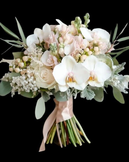 Vintage Blush - Large white Phalaenopsis orchids take center stage in this wedding-ready flower arrangement, paired with pale roses for a romantic anniversary bouquet that feels both elegant and effortless. The soft, airy mix of blooms creates a rounded, full silhouette that will make the person you're thinking of feel cherished and celebrated.  Delicate clustered filler flowers and muted green foliage with silvery accents frame the orchids and roses, adding texture and a subtle, sophisticated contrast to the pale palette. Stems are bound with a blush satin ribbon for a refined finish; the overall look reads formal enough for weddings yet gentle enough for everyday gifting.  Perfect for brides, anniversary recipients, or anyone who loves understated luxury, this arrangement arrives ready to display and makes a graceful statement without overpowering a room. Follow basic care-fresh water and a cool spot out of direct sun-to keep the orchids and roses looking their best.