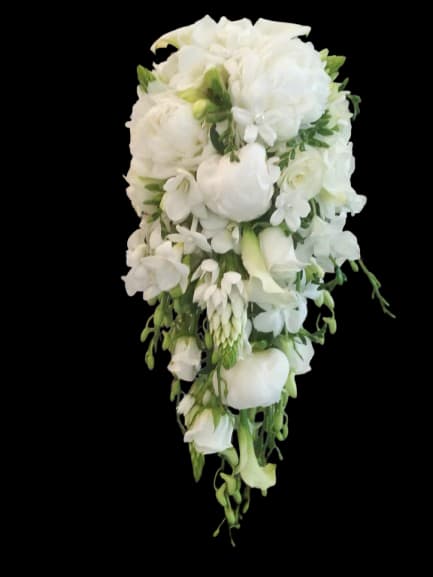 White as Snow - Cascading layers of white roses, calla lilies, orchids and hydrangeas create a waterfall bouquet that reads as timeless and ceremonial - an ideal bridal bouquet or wedding arrangement that will make the person you're gifting feel seen and celebrated. The elongated, waterfall silhouette carries the eye from a full, rounded cluster at the top down through trailing stems, giving a refined, romantic impression perfect for a bride or for formal ceremony florals.  Dense clusters of rounded white roses sit beside sculpted calla lilies and delicate orchid sprays, with soft green accents woven through to add subtle contrast and natural texture. The all-white palette keeps the look classic and elegant while the tapering shape adds movement; imagine it in photos as a striking statement that complements white gowns and traditional venues. This arrangement is tailored for weddings and ceremonial occasions where a polished, sophisticated presentation matters.