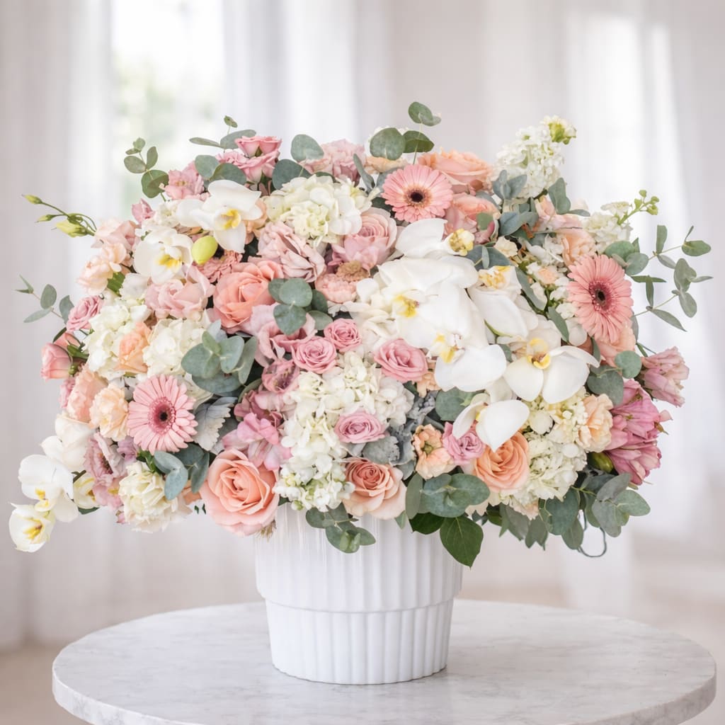 Pastel bouquet of roses, orchids, and gerbera daisies in a white vase