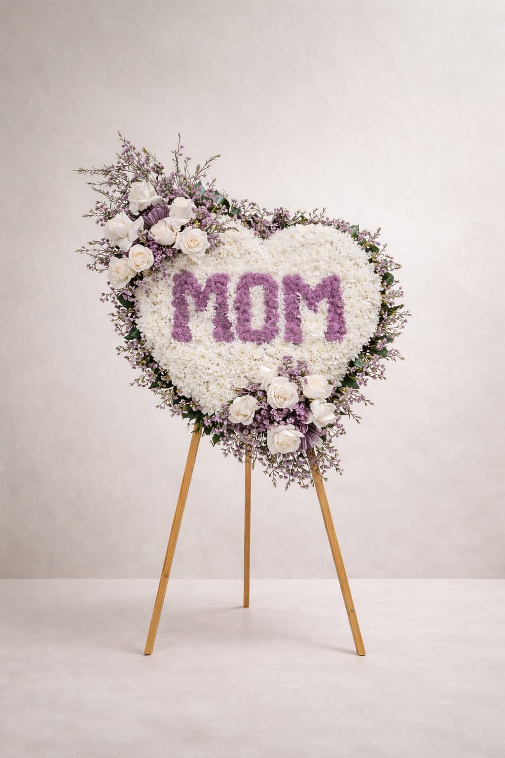 Heart-shaped floral easel tribute with "MOM" in purple flowers