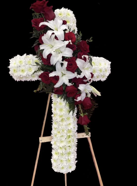 Memory - Red and white cross with rose and lily cluster.