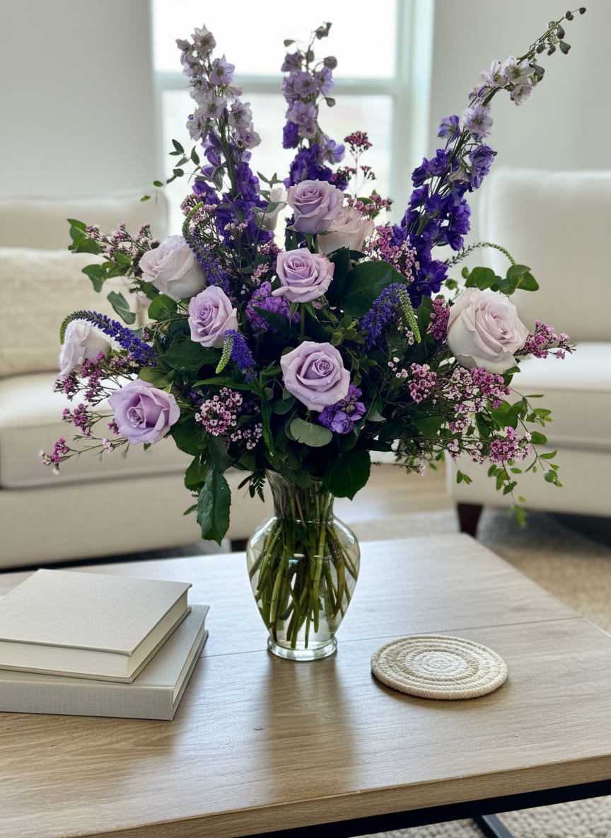 Lavender Garden Serenity - Soft, calming, and effortlessly elegant, our Lavender Garden Serenity arrangement is designed to bring a sense of peace and beauty to any space. Featuring delicate lavender roses, seasonal purple blooms, and lush greenery, this arrangement is full of texture, movement, and natural charm. With its airy, garden-inspired design, this piece feels fresh and organic perfect for Mother’s Day, get well wishes, birthdays, or simply sending a thoughtful and comforting gesture. Arranged in a classic clear glass vase, each design is thoughtfully handcrafted by our floral team, ensuring every arrangement is unique and created with care.  Available for same-day flower delivery in Rancho Cucamonga and throughout the Inland Empire, this elegant bouquet is a beautiful way to express love, comfort, and heartfelt emotion.