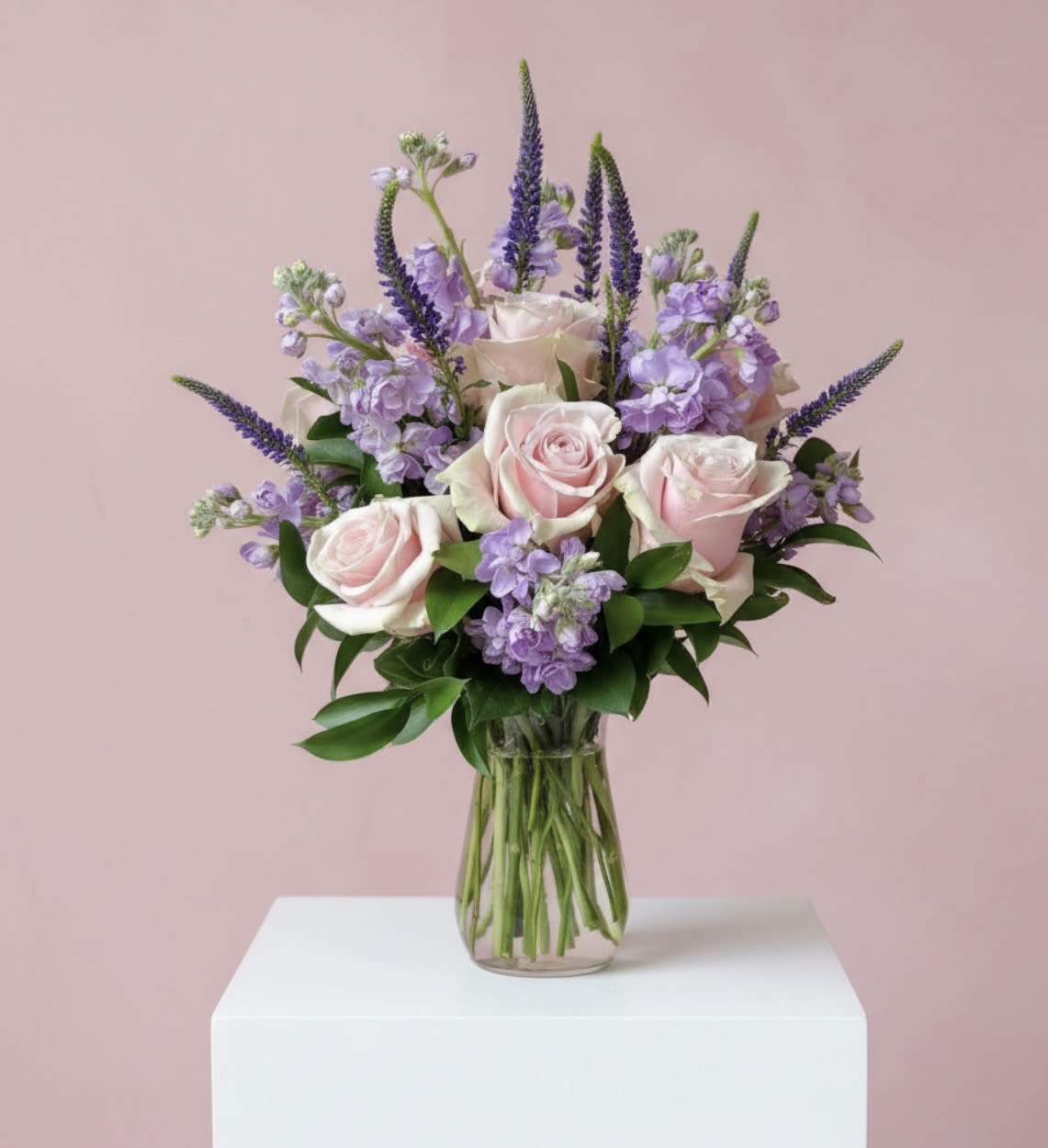 Modern Mama - 360 Bouquet - Available Week of Mothers Day - A delicate bouquet of Pink Mondial Roses, fluffly lavender Stock and linear purple Veronica.