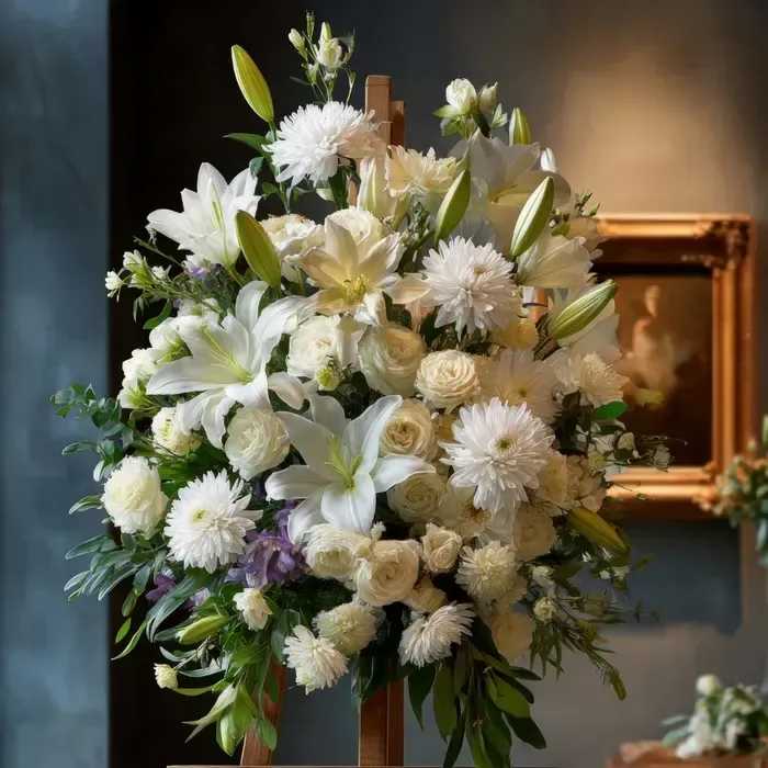Standing Floral Spray - Pay tribute with our Standing Floral Spray, an elegant arrangement of fresh blooms displayed beautifully on an easel. Available in a variety of colors, this arrangement creates a tasteful and heartfelt expression of sympathy for funerals, memorials, graveside tributes, or casket displays.  Each spray is handcrafted by our expert florists using premium, fresh flowers arranged for maximum beauty and impact. Its sophisticated design ensures a meaningful way to honor your loved one.  Ordering Information: Made to order using fresh flowers. Please place orders in advance to ensure availability.  Note: Flower varieties and colors may vary slightly based on seasonal availability.  Product ID: standing-floral-spray 