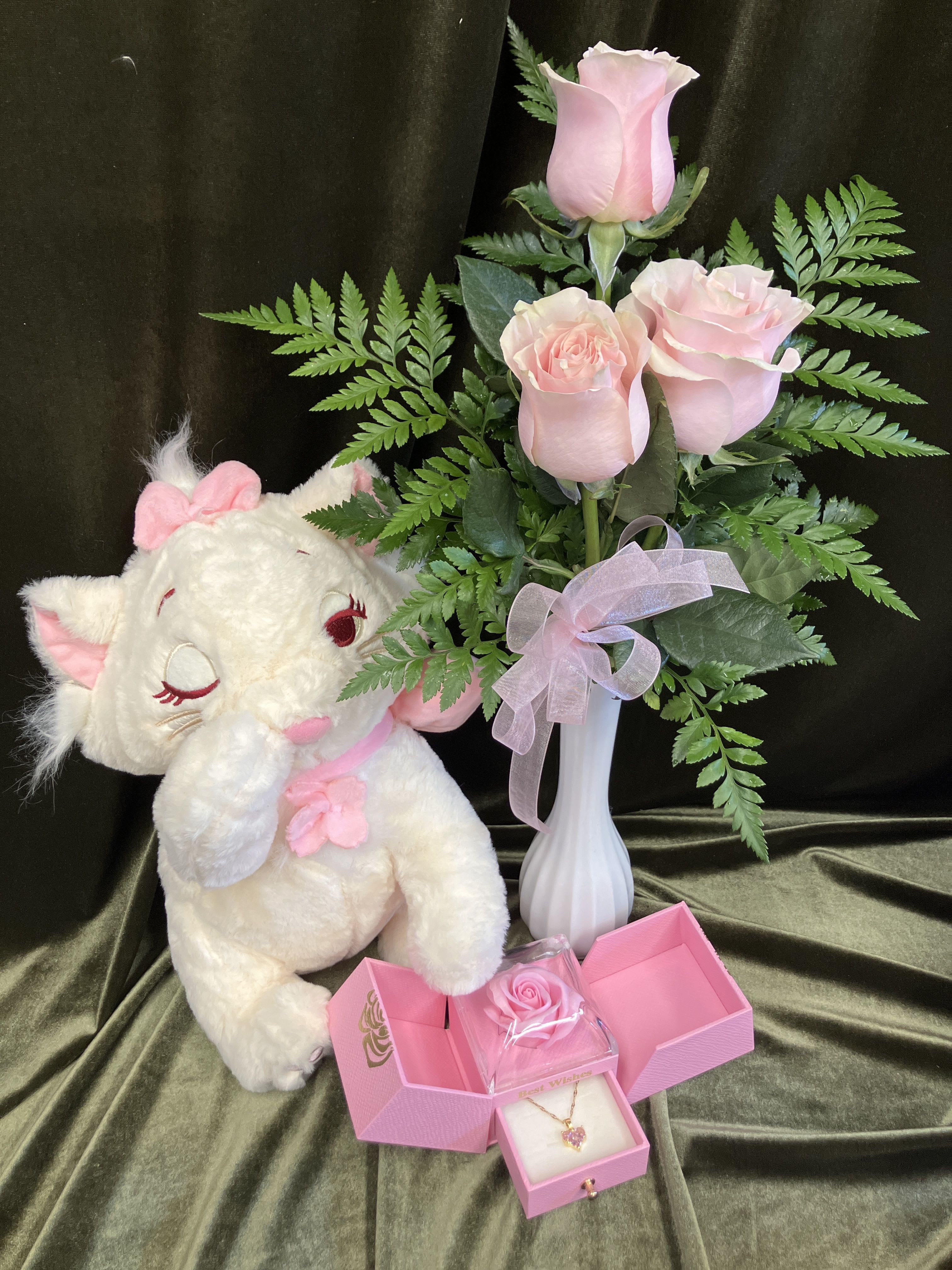 Pink Roses and More  - A pink Valentines gift includes pink roses, a soft kitty and a pink jewelry box with necklace and a pink forever rose. 