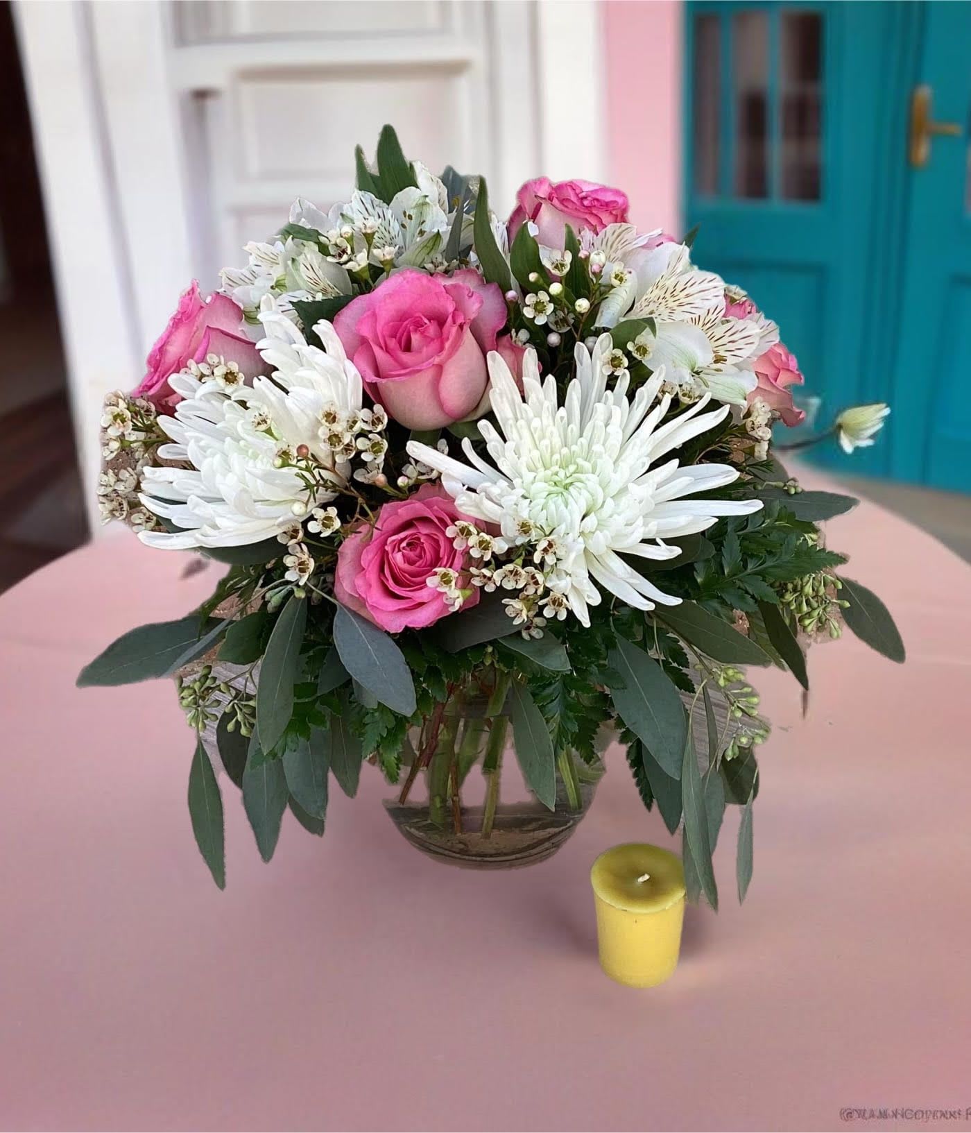 Southern Charm Bouquet  - Clear glass bubble bowl of beautiful football mums, roses, alstroemeria &amp; mixed greenery. Very classic!