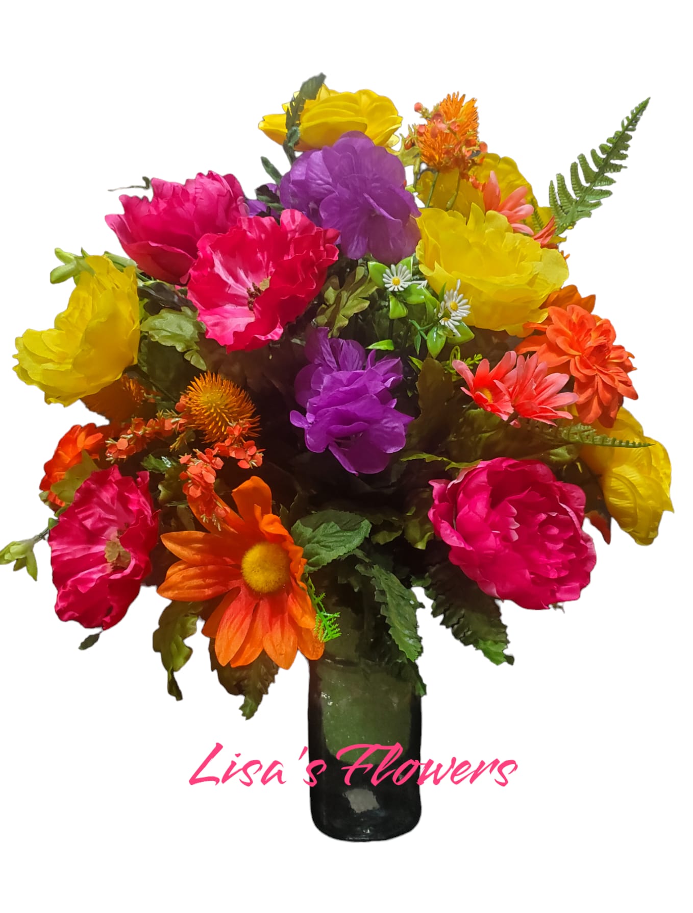 Bright mixed bouquet in a dark vase with pink, yellow, purple, and orange blooms