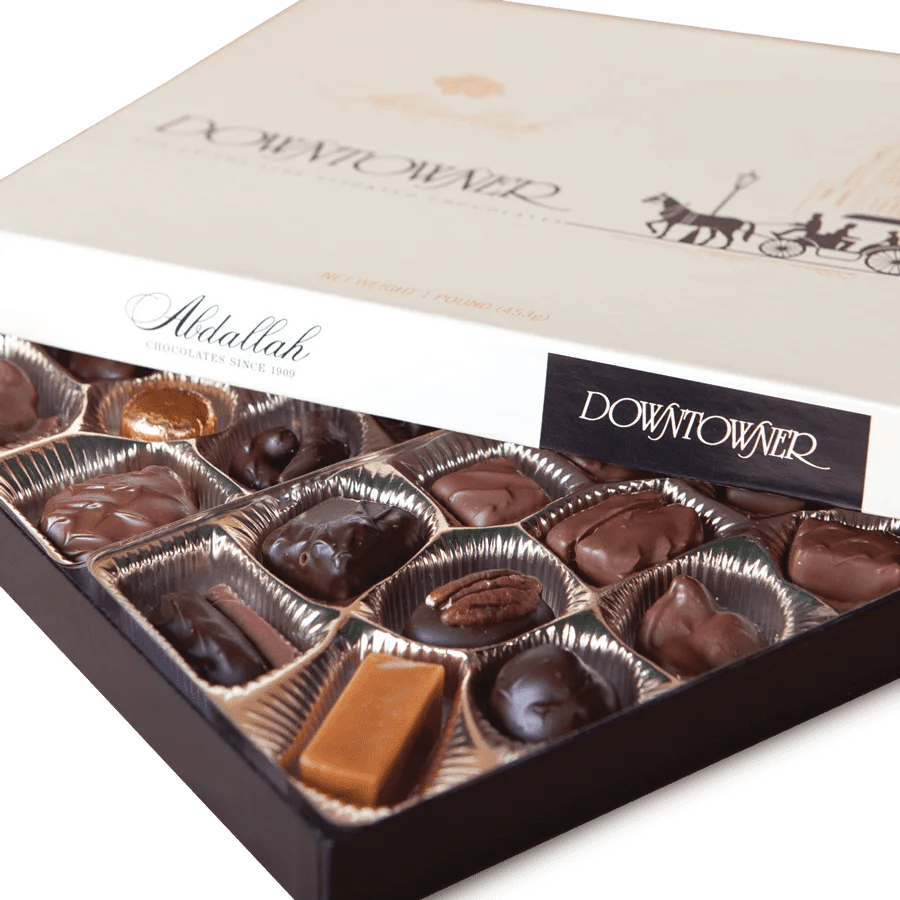 Box of assorted chocolates in a branded gift box