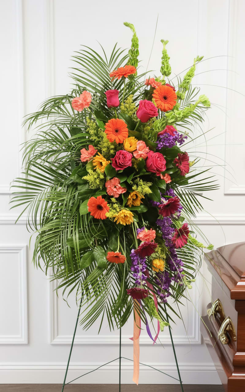 Tall standing spray with bright orange gerberas, pink roses, and purple flowers on an easel