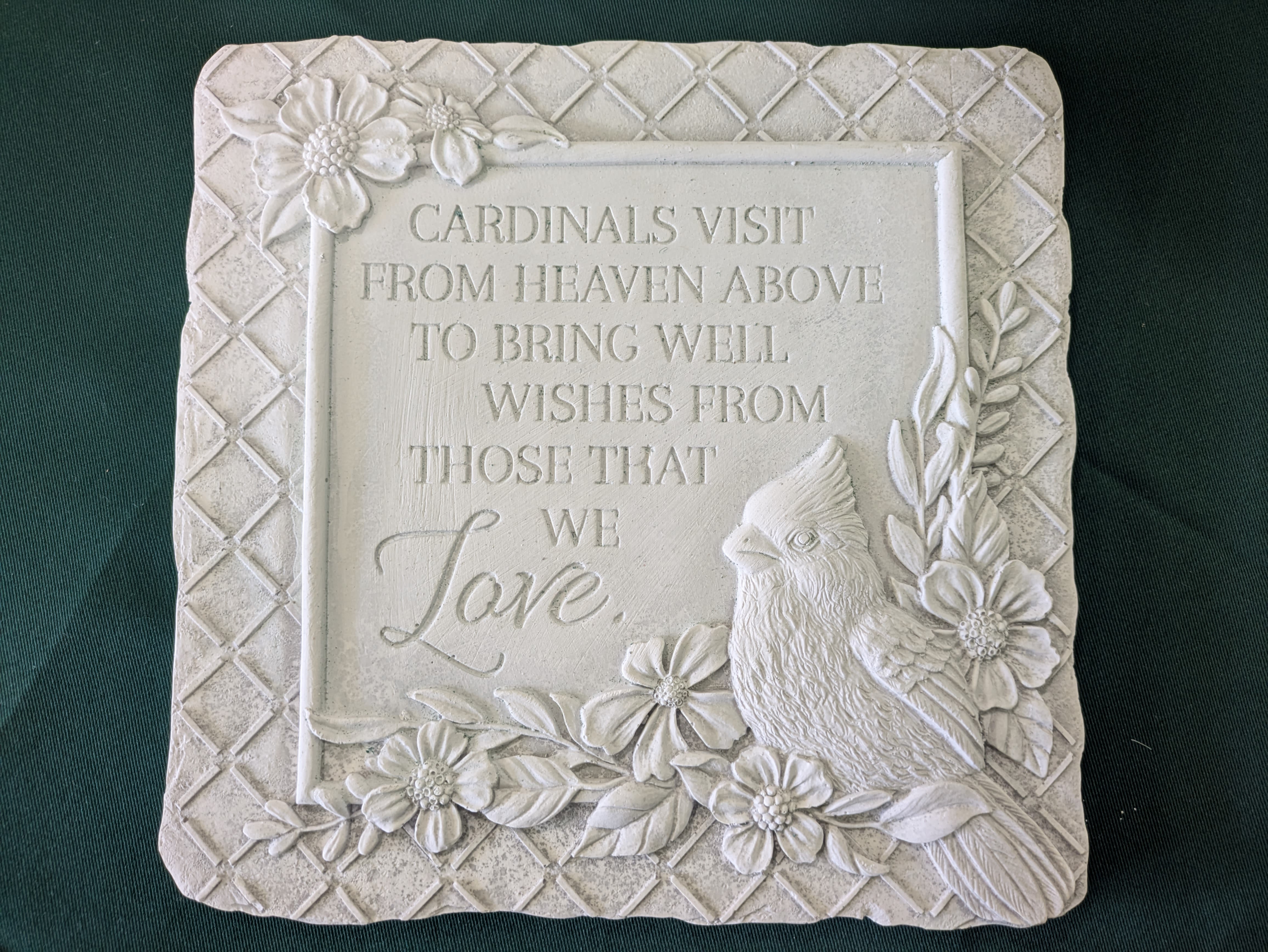 CARDINAL - SMALL STONE - Small stone with a cardinal and flowers. Quote reads "Cardinals visit from Heaven above to bring well wishes from those we love" 