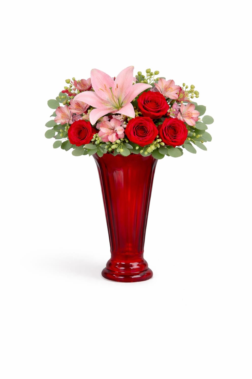 Red roses and pink lilies arranged in a tall red vase