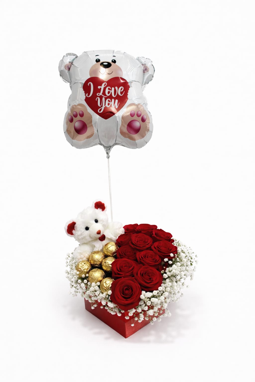 Red roses with a teddy bear, chocolates, and a heart balloon in a gift box
