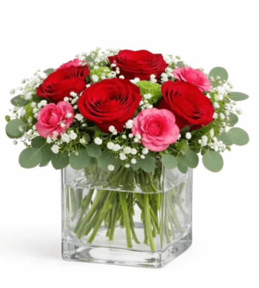 Red and pink roses in a clear glass vase with baby's breath