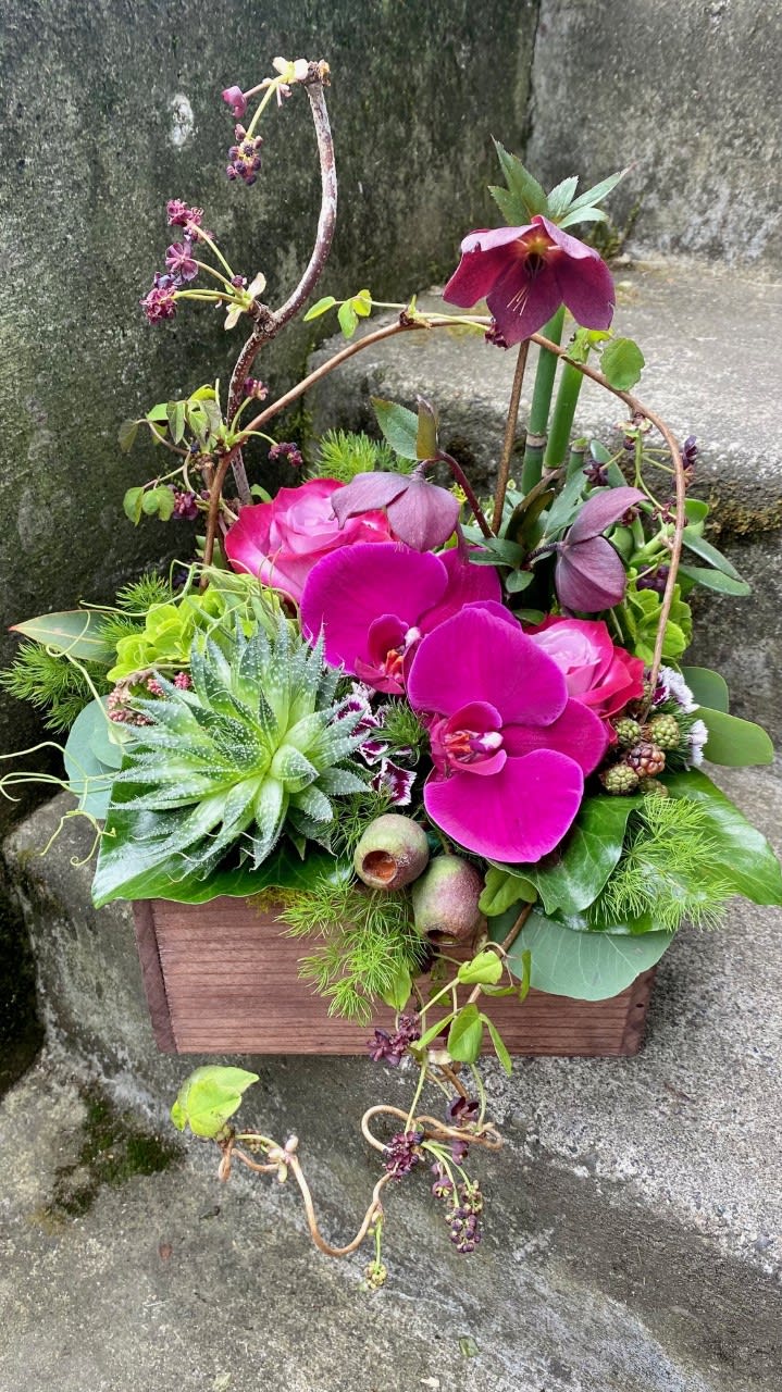 Medium Texture Box - Our award-winning Texture Collection is a feast for the eyes, revealing another intriguing detail each time you look. They are best enjoyed in a spot where they can be viewed up close and from all sides, so you do not miss any of the carefully curated components.   We hand-craft every item in The Collection, matching them to the occasion and making each one unique. They all include a variety of succulents that will make a lovely keepsake once the flowers are spent. We even include planting and care instructions.  The photographs above are examples of prior work. The Texture Box we create for you will vary based on the season, our weekly color palette, our cutting garden and interesting, foraged treasures we have found. Deluxe versions have even more special elements included in the same size container. Our Texture Bowls offer a similar look that is a little more refined.  Approximate Size:   10 x 10 inches and 9 to 12 inches tall.  The items in our Texture Collection are FIORI FLORAL DESIGN EXCLUSIVES, available only in our local delivery area. To verify that the recipient is in our delivery area, give us a call at (206) 329-3944 or look for the recipient's zip code on the list at the bottom of our home page.