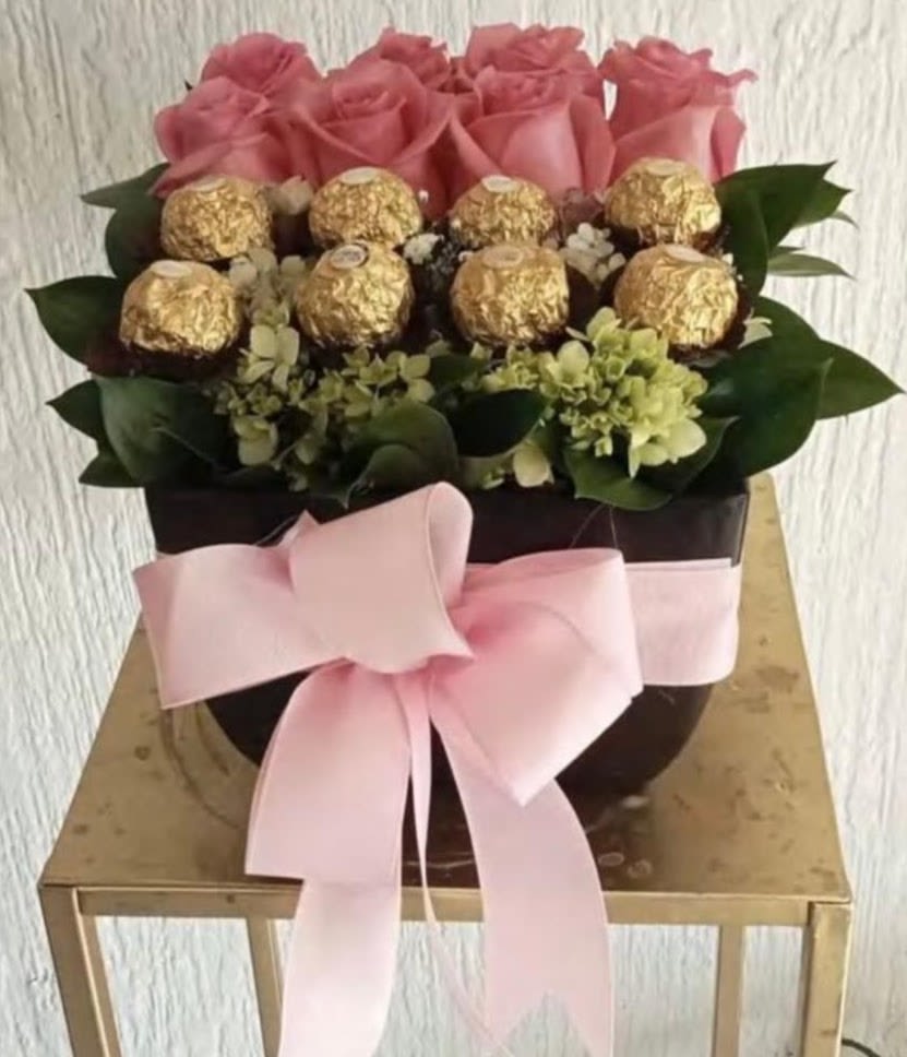Dulce Elegancia - Luxury flower box by Snyder Flowers in San Antonio featuring soft pink roses, green hydrangeas, Ferrero chocolates and fresh greenery with elegant ribbon and same day delivery perfect for birthdays, Mother’s Day, anniversaries and special gifts