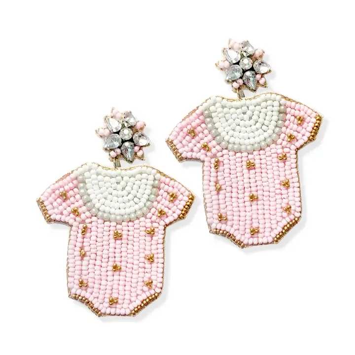 Baby Girl Onesie Earrings - Whether you are attending a gender reveal, visiting a new babe for the first time, or are the guest of honor at your baby shower- these earrings are the perfect way to accessorize! • 3" H • Beaded with Felt Backing • Rhinestone Accents • Post Earrings