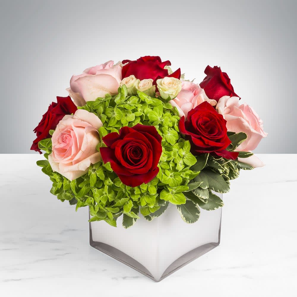 Bouquet of red and pale pink roses in a clear square vase