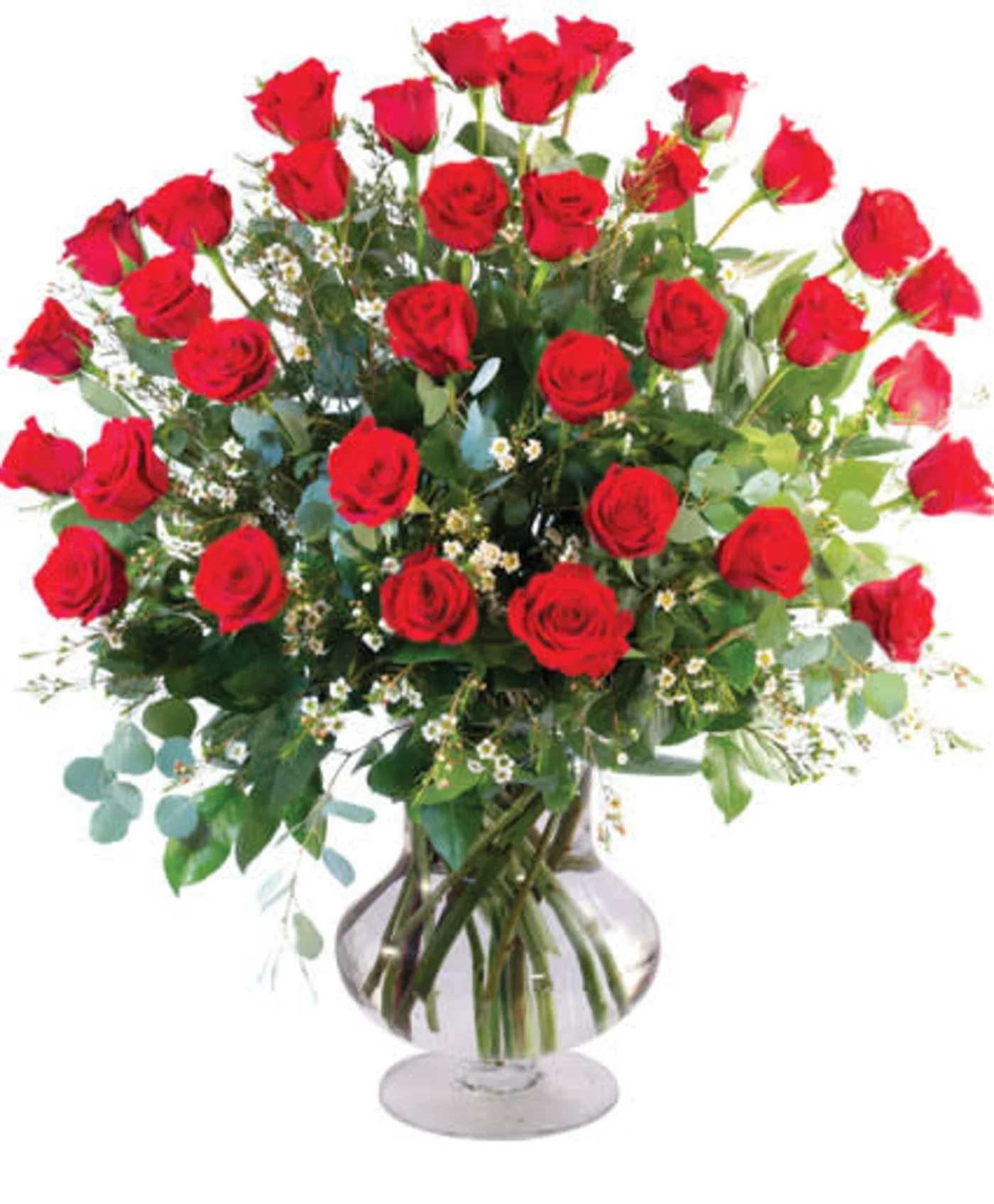 Bouquet of red roses in a clear glass vase