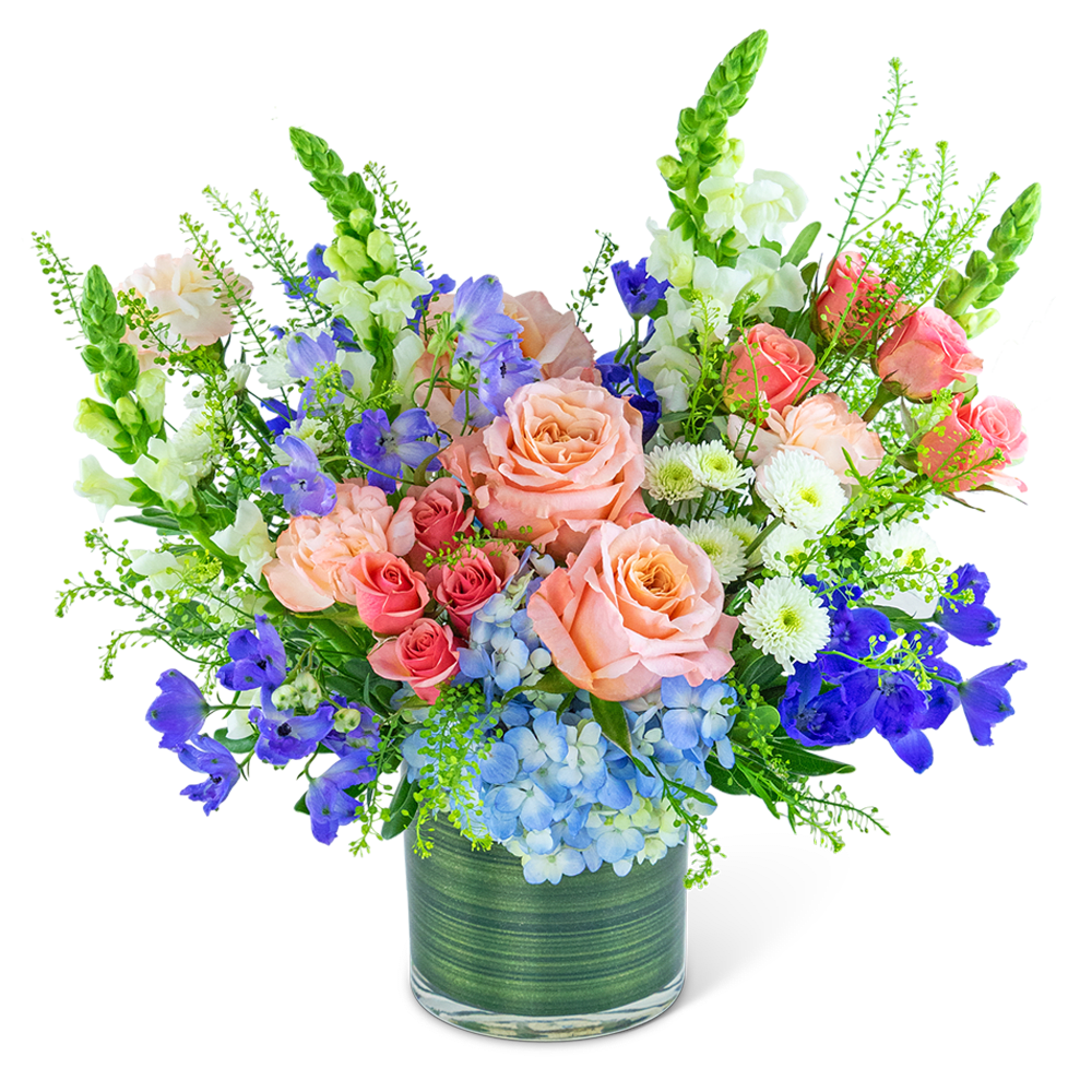 Juliette Dreamland - Experience the enchanting allure of the Juliette Dreamland flower design. This breathtaking arrangement of peach and blue blossoms features a delightful combination of Roses, Delphinium, Carnations, Mums, Hydrangea, Snapdragons, and premium foliage. Expertly arranged in a leaf-lined cylinder vase, this design exudes elegance and sophistication, making it a perfect gift for any occasion. Whether you're celebrating a birthday, or an anniversary, or want to brighten someone's day, this stunning floral creation is a perfect choice.