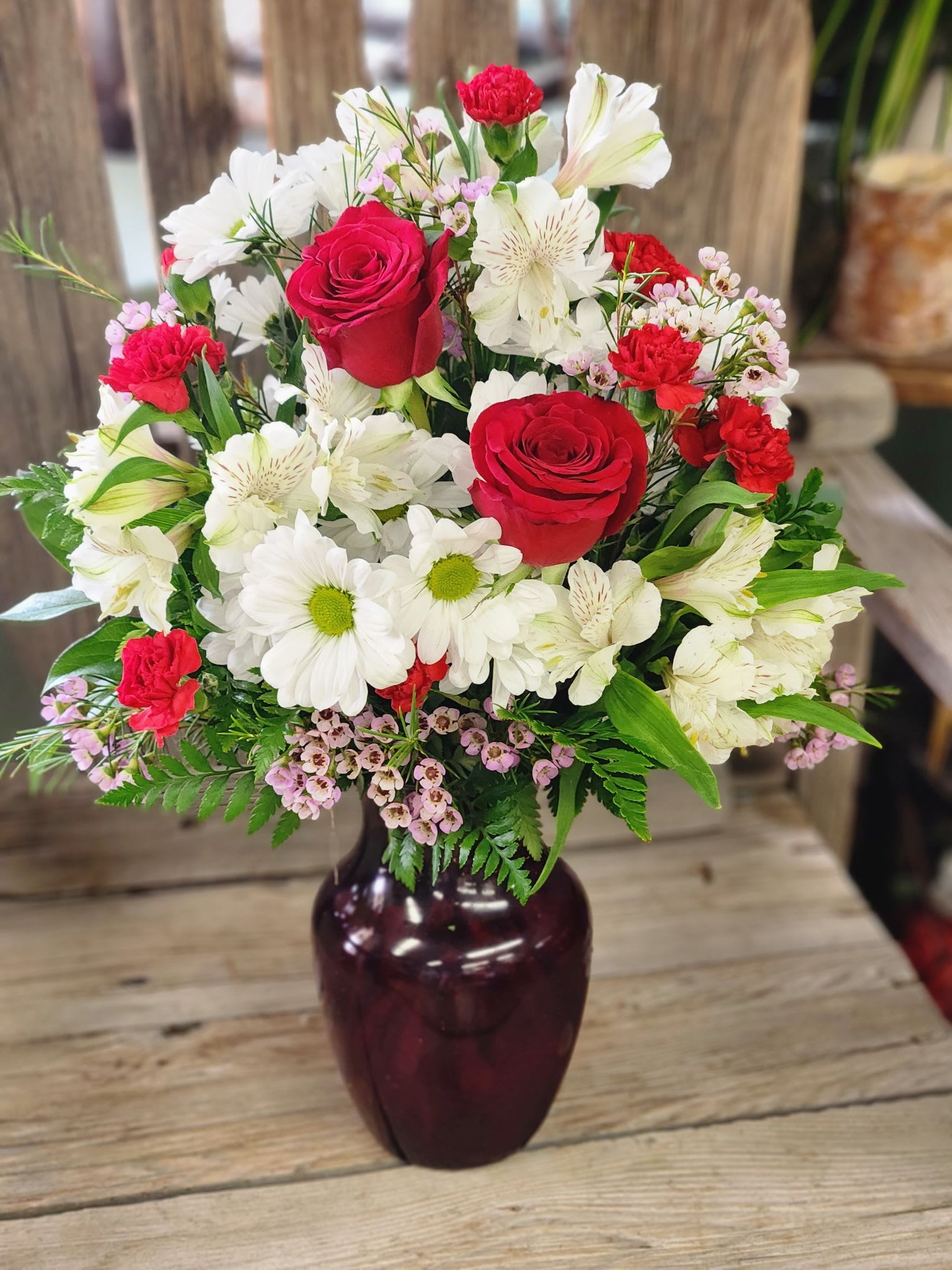 Be My Crush - Lush red roses, white daisy and playful white alstromeria come together to brighten that special persons day! Great for any occasion, birthday, thinking of you or Mother's Day!