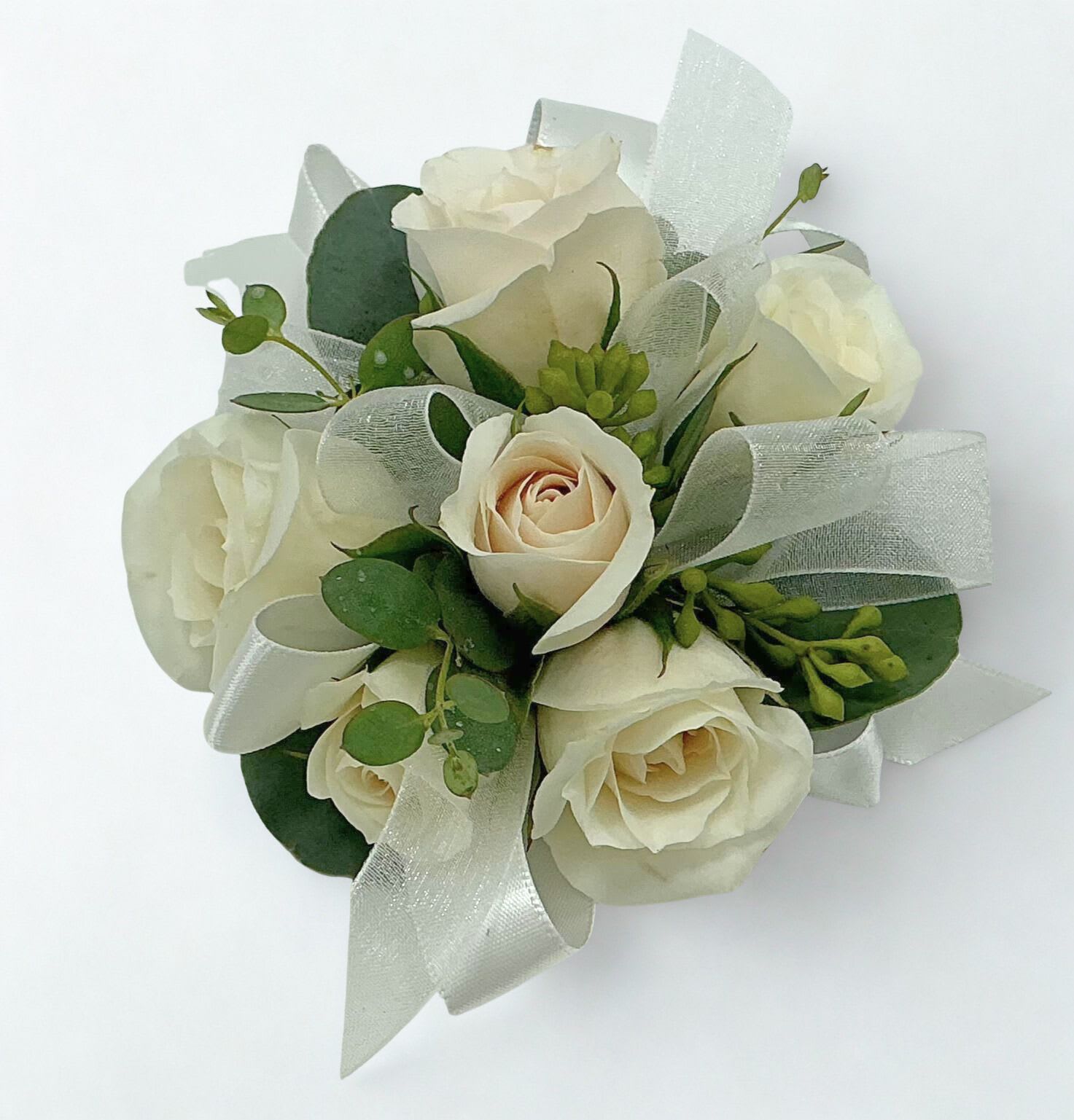 White rose bouquet with silver ribbon and greenery