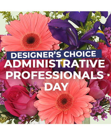Pink gerbera daisies and purple flowers with Administrative Professionals' Day text